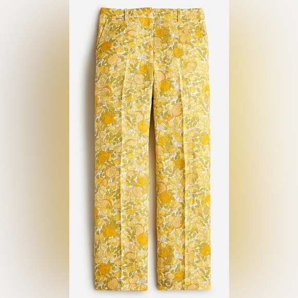 J CREW Ingrid Limone Floral Yellow White lemon fruit print linen Pants 10 NEW! - Picture 1 of 8